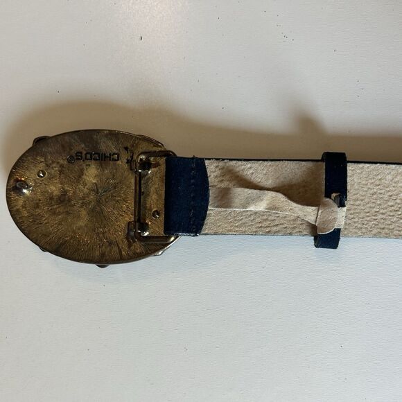 Chicos Blue Suede Leather Belt Womens Sz L (37-41) Gemstone Buckle Boho Festival - Picture 8 of 15